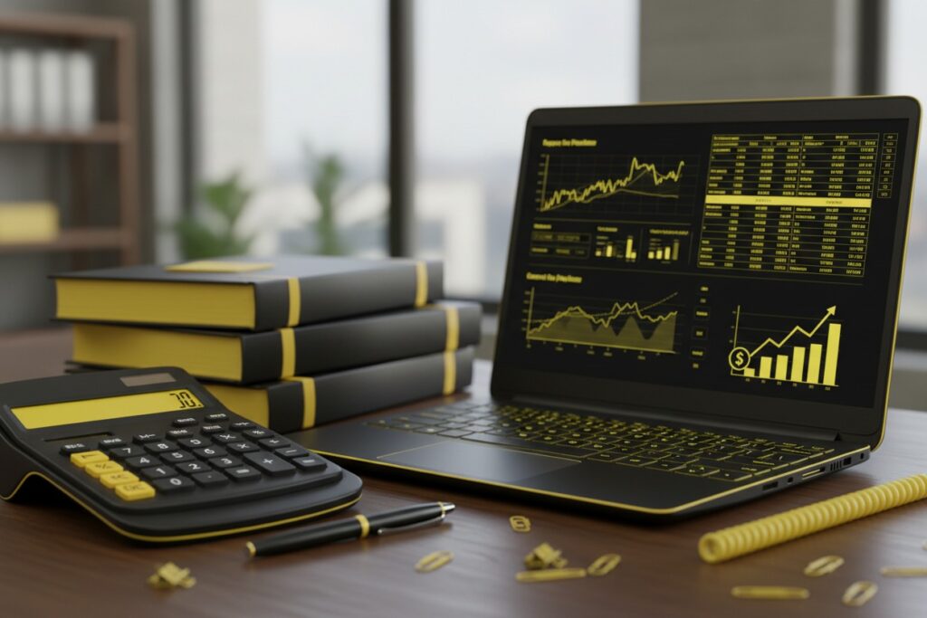 Um notebook aberto exibindo gráficos financeiros na tela, acompanhado de uma calculadora preta e amarela, uma pilha de livros e uma caneta sobre uma mesa de escritório.