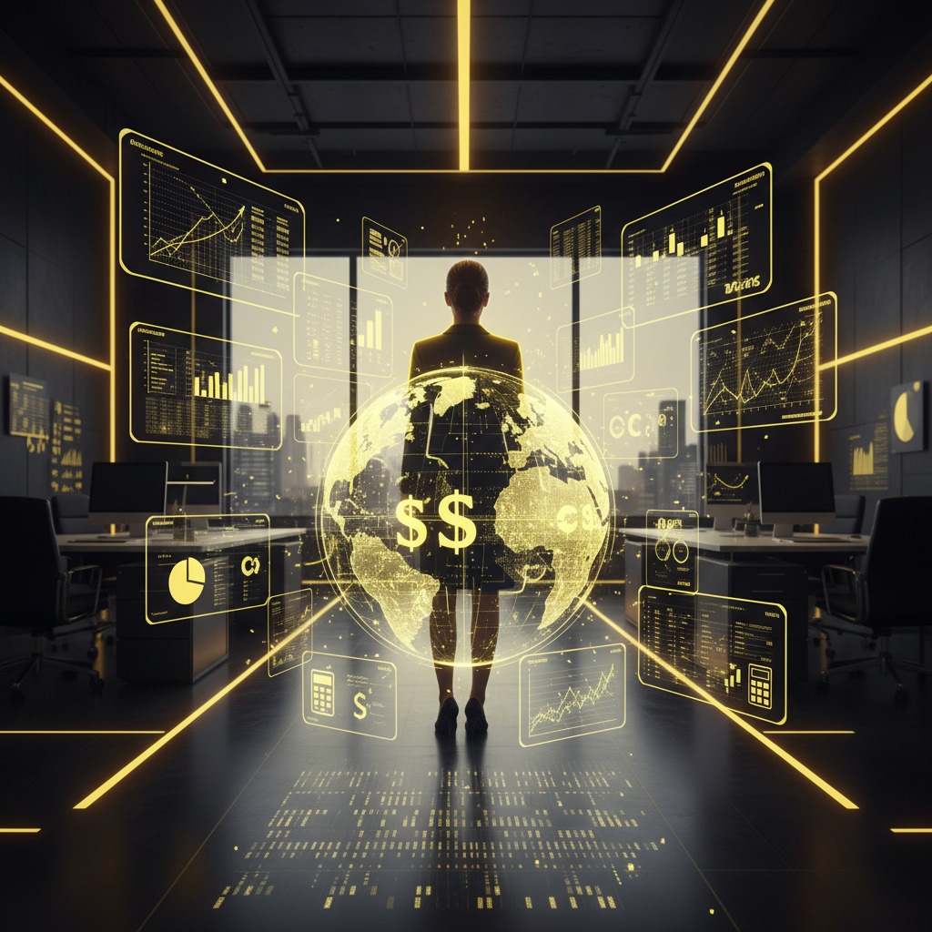 Uma mulher de costas observa projeções holográficas de gráficos financeiros, dados e um globo terrestre com símbolos de dólar em um escritório futurista iluminado por luzes amarelas.